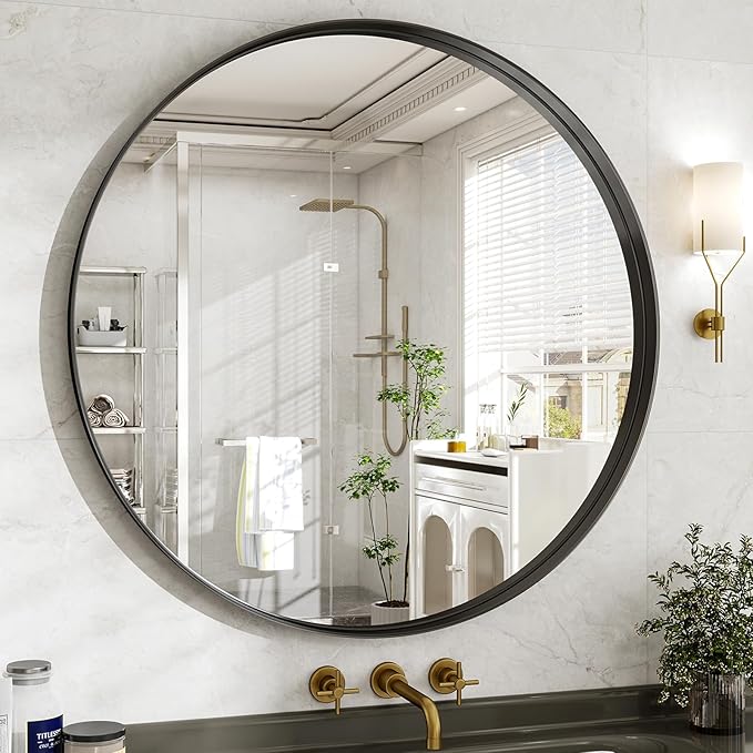 48 Inch Round Bathroom Mirror - Wall Mounted Circle Mirror with Metal Frame, Modern Mirror Suitable for Bathroom, Vanity, Entryway, Living Room, Wall Decor,Black