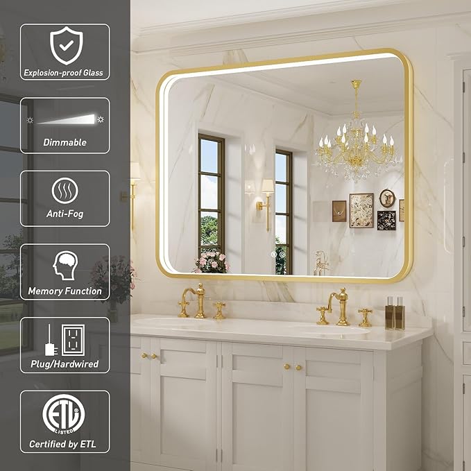 43X36 Inch Framed LED Lighted Bathroom Mirror,Wall Mounted Gold Metal Vanity Mirrors with Lights,Dimmable Illuminated Anti-Fog Mirror(Horizontal/Vertical)