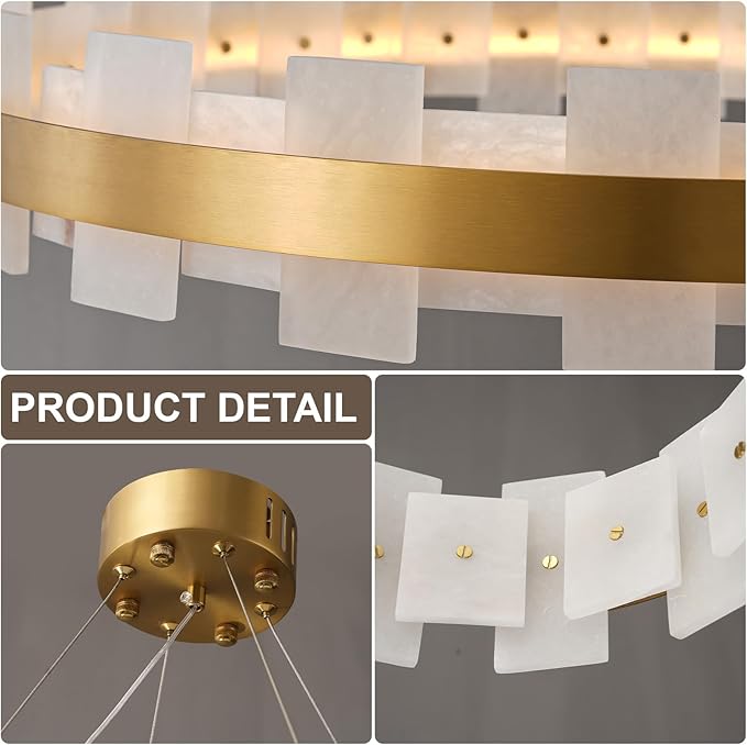 Modern Alabaster Linear Chandelier 31.5 Inch, Round Adjustable Large Ceiling Light for Living Room Over Table, Dining Room, with Warm White Glow