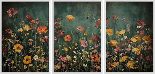 MUDECOR Framed Wall Art Print Set Vintage Wildflower Meadow with Colorful Blooms Illustrations Modern Art Boho Decorative Colorful Chic for Living Room, Bedroom, Office - 16"x24"x3 White