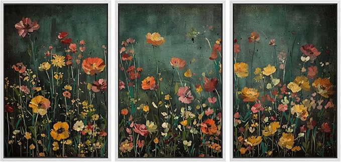MUDECOR Framed Wall Art Print Set Vintage Wildflower Meadow with Colorful Blooms Illustrations Modern Art Boho Decorative Colorful Chic for Living Room, Bedroom, Office - 24"x36"x3 White