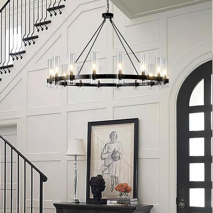 48" Black Wagon Wheel Chandelier, 16-Light Farmhouse Round Pendant Light Fixture with Glass Shade, Large Hanging High Ceilings Chandeliers for Dining Room Kitchen Foyer Entryway Living Room