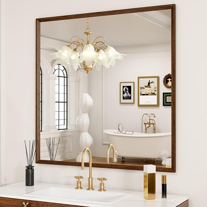 Bathroom Vanity Mirror 36x36 Inch, Walnut Rectangle Bathroom Mirror, Anti-Rust, 4MM Tempered Glass, Wall-Mounted Mirror, Hangs Horizontally or Vertically for Bathroom & Bedroom