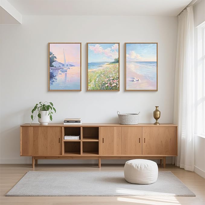 Aryroi Watercolor Coastal Ocean Wildflower Canvas Wall Art,Modern Beach Framed Wall Decor, Large Pink Sailboat Artwork,Dreamy Natural Seascape Art Print for Living Room,Bedroom,Farmhouse-16 x24 x3