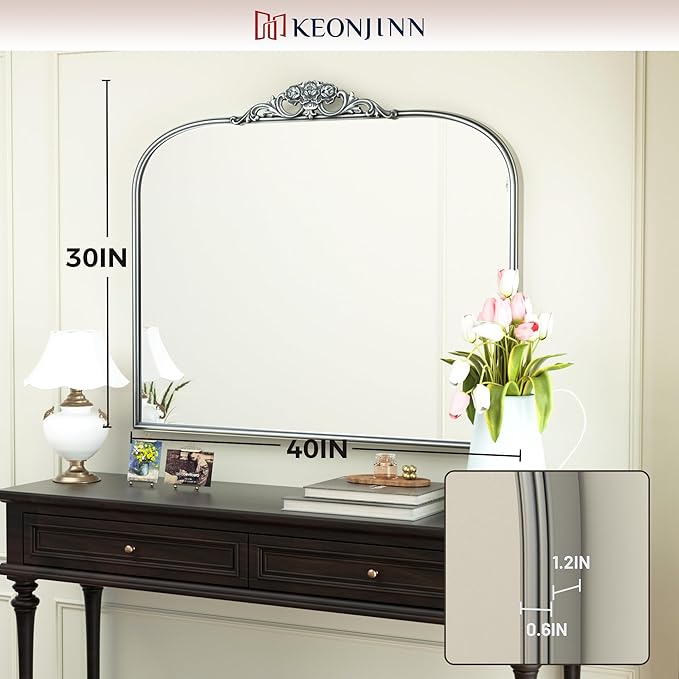 Keonjinn Vintage Mirror for Wall, 40" x 30" Silver Mirror with Metal Frame, Ornate Arched Decoration, Brass Mirror for Mantle, Living Room, French Cleat Mounting