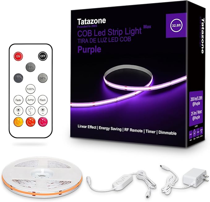32.8ft Purple COB Led Strip Lights with Remote, Dimmable Bright Dotless Adhesive Indoor Led COB Light Strip for Cabinet, Painting, Room, Bed