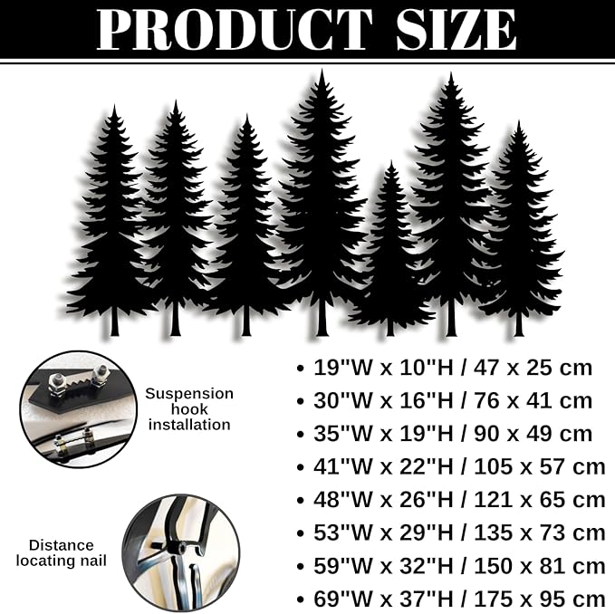 Metal Pine Tree Wall Art - Nature Decor, Christmas Pine Tree Wall Hanging, 35"W x 19"H / 90 x 49 cm
