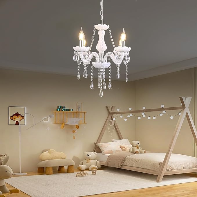 MALOSA 4 Light White Crystal Chandelier,Small Chandelier,Morden Mini Chandelier for Bedroom,Dining Room,Wedding Decoration,Girls Room.