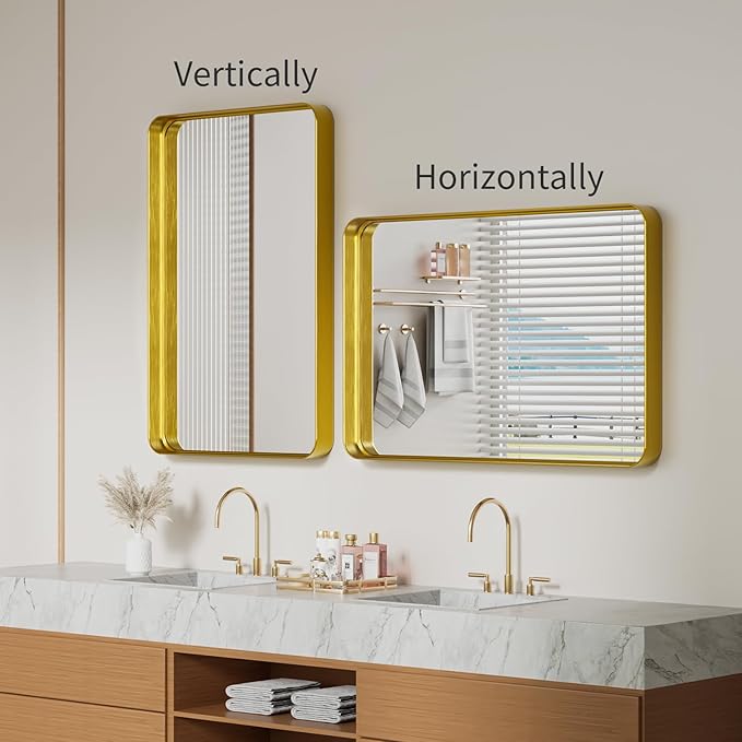 Koonmi Gold Wall Mirror for Bathroom, 24x36 Inch Matte Deep Framed Rounded Rectangle Vanity Mirror for Farmhouse Living Room, Tempered Glass, Anti-Rust, Vertically or Horizontally
