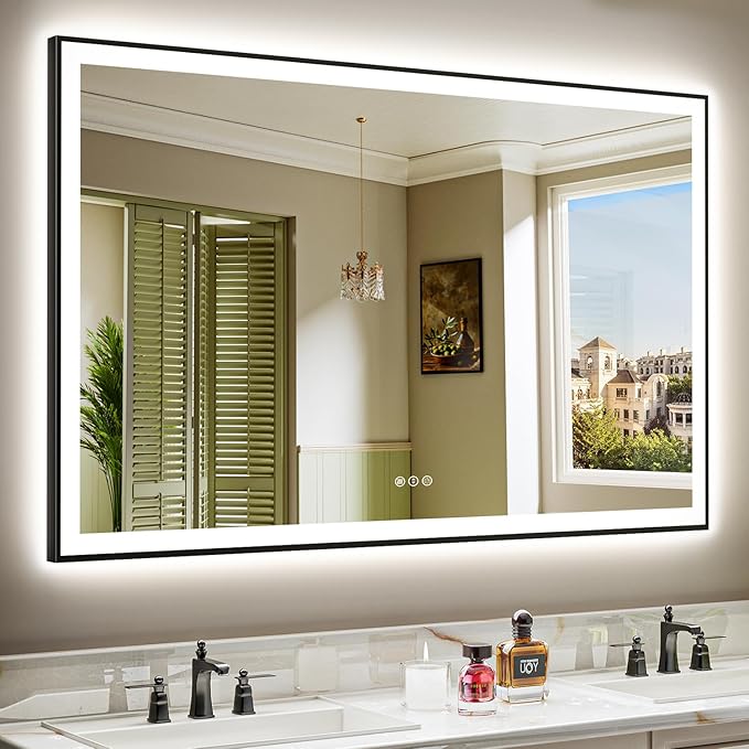 57x36 Inch LED Bathroom Mirror with Lights (Front Lit and Backlit) Black Framed Lighted Vanity Mirror for Bathroom Wall Dimmable Anti-Fog Memory Tempered Glass Horizontal/Vertical