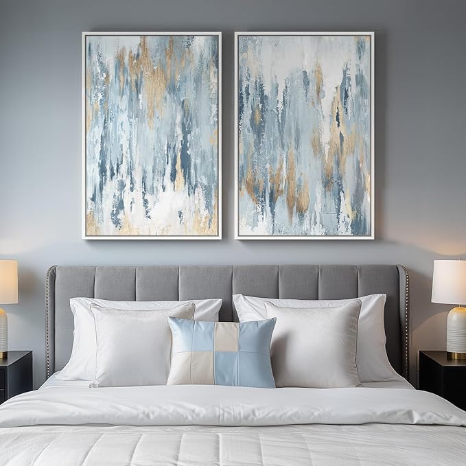 Large White Framed Blue and Gold Abstract Canvas Wall Art, 2 Piece Modern Minimalist Art Prints Paintings Artwork for Walls, Glitter Pictures for Living Room, Dining Room, Bedroom Wall Decor 20x30 In