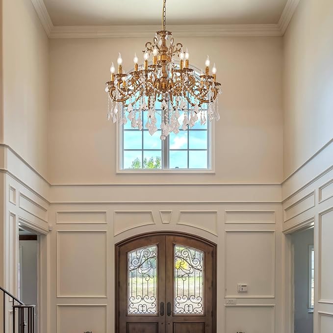 15 Light Classic Vintage Crystal Candle Chandeliers for Living Room Dining Room Foyer Entryway Antique Gold Finish