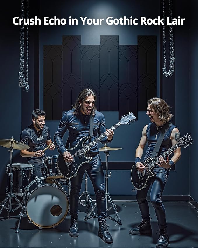 Black Gothic Acoustic Wall Panels, Peel and Stick Self Adhesive Sound Absorbing Tiles for Studio, Walls, Bedroom, 12 Pack, 12" x 12" x 0.4", Decorative Art Panels for Ceiling, Doors, Pared, Home Decor