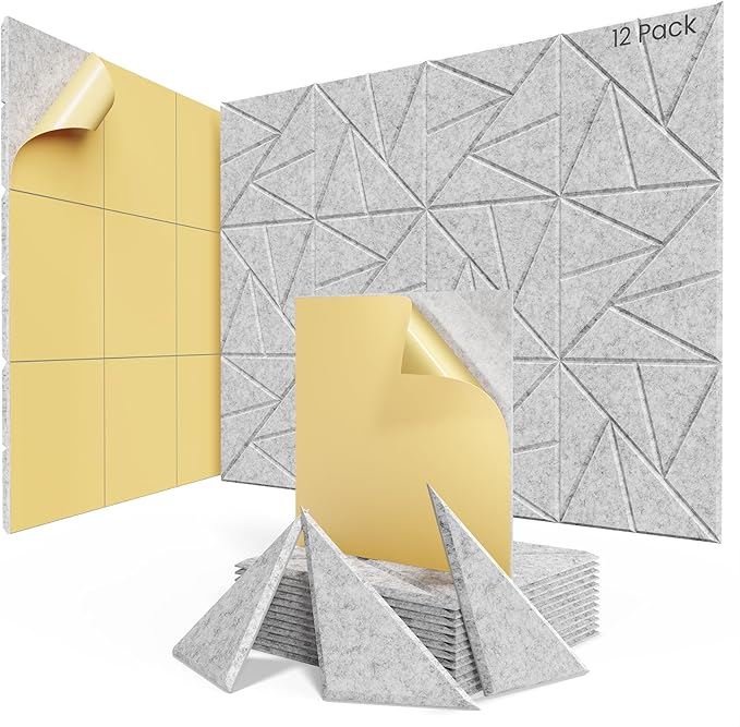 12 pack Acoustic Panels With Self-Adhesive, 12"X 12"X 0.4"Sound Proof Foam Panels, Sound Panels High Density, Soundproof Wall Panels for Home Studio Office Sliver Gray