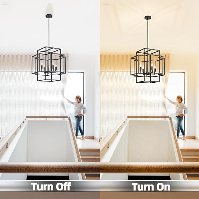 4-Light Farmhouse Chandelier, Industrial Ceiling Foyer Lighting Fixtures Black Lantern Pendant Light, for Dining Room Kitchen Island Entryway Staircase