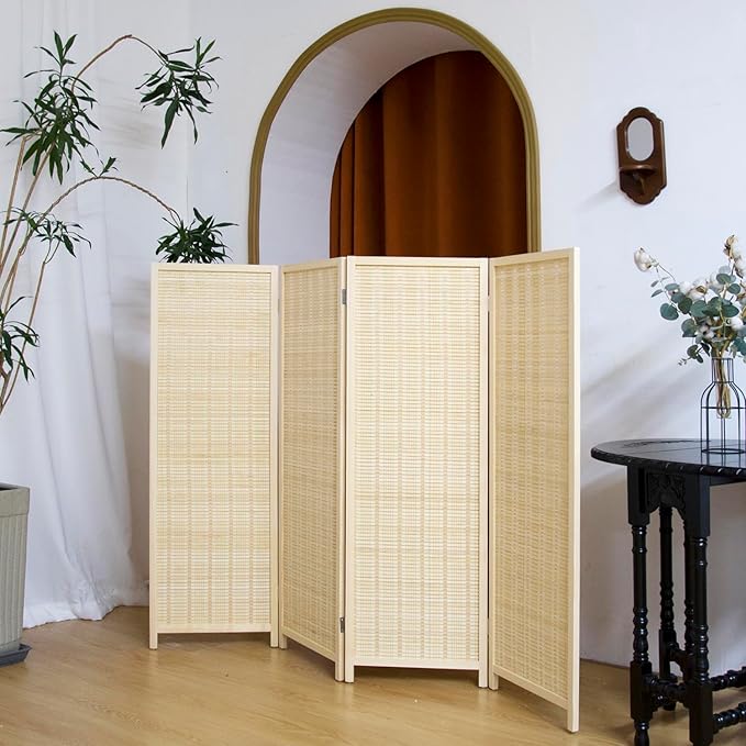 4 Panel Short Panel Divider Screen,3.95 FT Tall Bamboo Room Divider Folding Privacy Screen,Short Panel Divider Freestanding Room Divider for Room Seperation,Beige