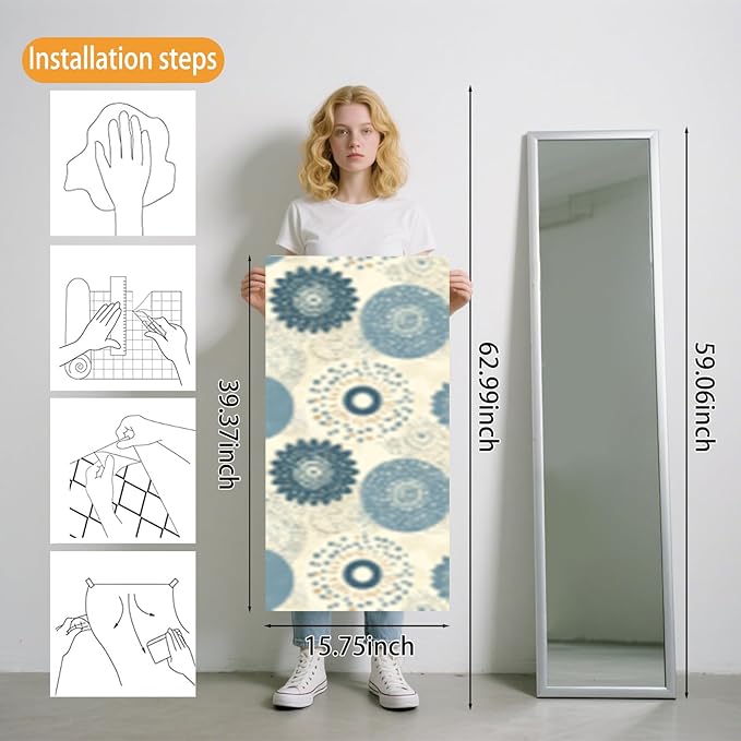 Nuxovilar Beige Blue Floral Medallion Textured Peel and Stick Wallpaper, 15.75"x39.37", Self-Adhesive Contact Paper, Vintage Tile Pattern for Bedroom, Living Room and Table Decor