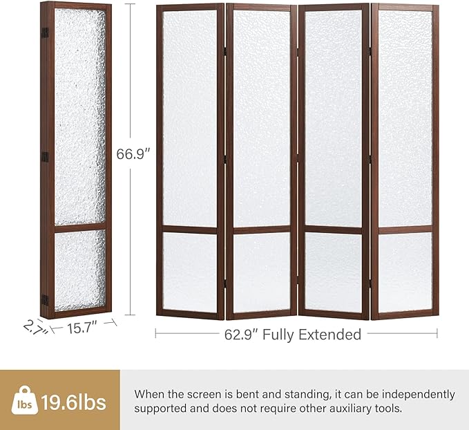 4 Panel Acrylic Room Divider Privacy Screen - Freestanding Frosted Translucent Partition, Lightweight Modern for Home Office Studio (Walnut, 4 Panels)