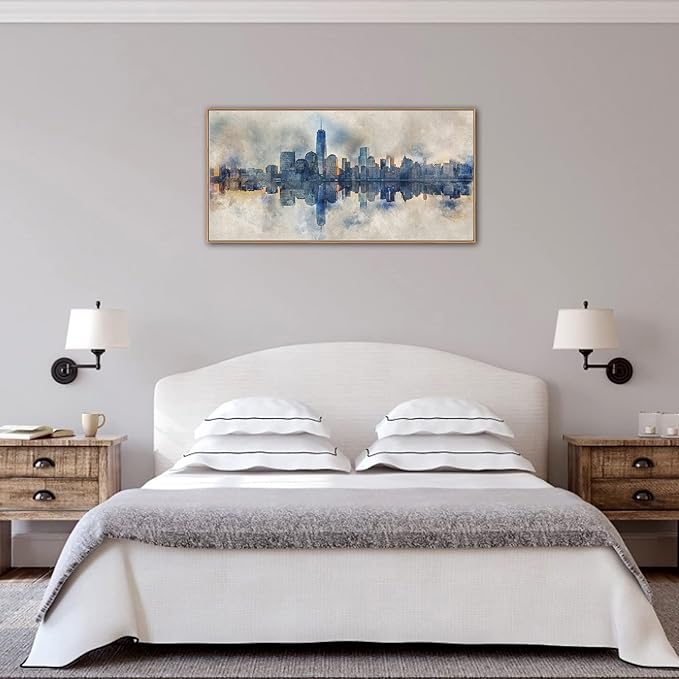 NYC Framed Canvas Wall Art Abstract Painting Wall Decor Indigo Blue Gray Panoramic Art Print New York Skyline Reflection Pictures Artwork Modern City Landscape Living Room Bedroom Decoration 24" x 48"