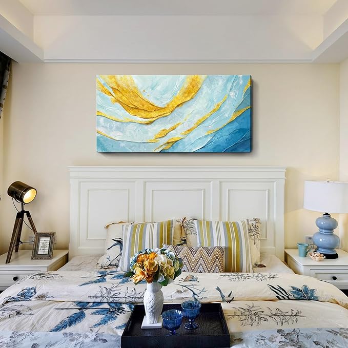 Nicetop Modern Large Abstract Wall Art – Blue and Yellow Flowing Lines Canvas Prints Contemporary Coastal Artwork Horizontal Decorative Wall Picture for Living Room Bedroom Home Office Decor 48x24 Inch