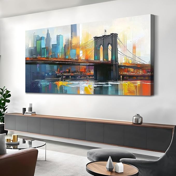 Arjun Cityscape Wall Art New York City Canvas for Living Room Painting Brooklyn Bridge Manhattan Bedroom Wall Art for Men Modern Blue Picture Grey Artwork Large Framed Home Office Wall Decor 40"x20"