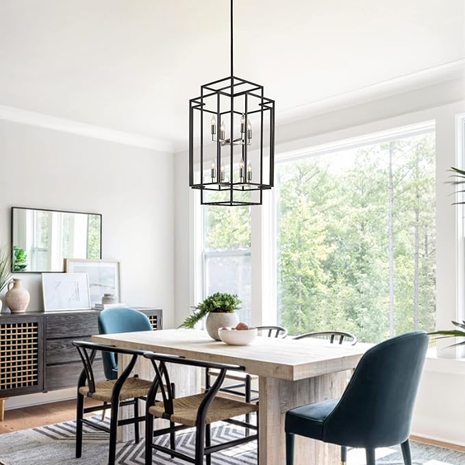 8-Light Farmhouse Chandeliers for Entryway, 31.5" Rectangular Foyer Lighting Fixtures for High Ceilings, Large Pendant Light for Staircase Entry Dinning Room Kitchen Island, Black and Brushed Nickel