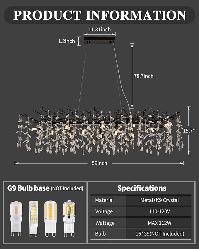 Modern Tree Branch Chandelier for Dining Room, 16 Lights Rectangular 59" Crystal Black Chandeliers for Kitchen Island Dining Room Living Room