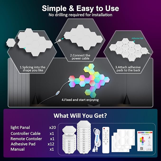 OJQ 20 Pack Hexagon Lights Wall RGB Panel - Hexagonal Led Lights Room Living Decor Wall Lights Birthday Decorations Gaming Equipment Honeycomb Shape Panels Hexagon Gaming Lights for Bedroom Children