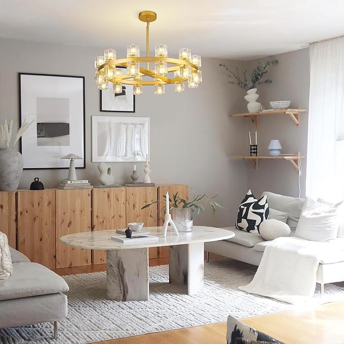 Modern 24" Gold Crystal Chandelier,K9 Crystal Round Chandeliers for Dining Room,Living Room Chandelier, Dining Room Chandeliers Over Table, Sutiable for Bedroom,Foyer,G4 Includes Bulbs