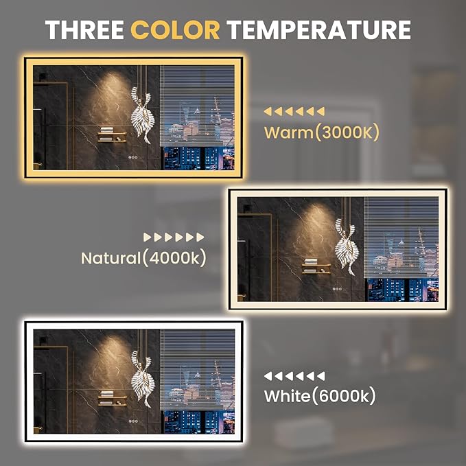 LOAAO 72"X40" LED Bathroom Mirror Black Framed, Anti-Fog, Dimmable, Lighted Bathroom Vanity Mirror for Wall, Memory Function, Tempered Glass