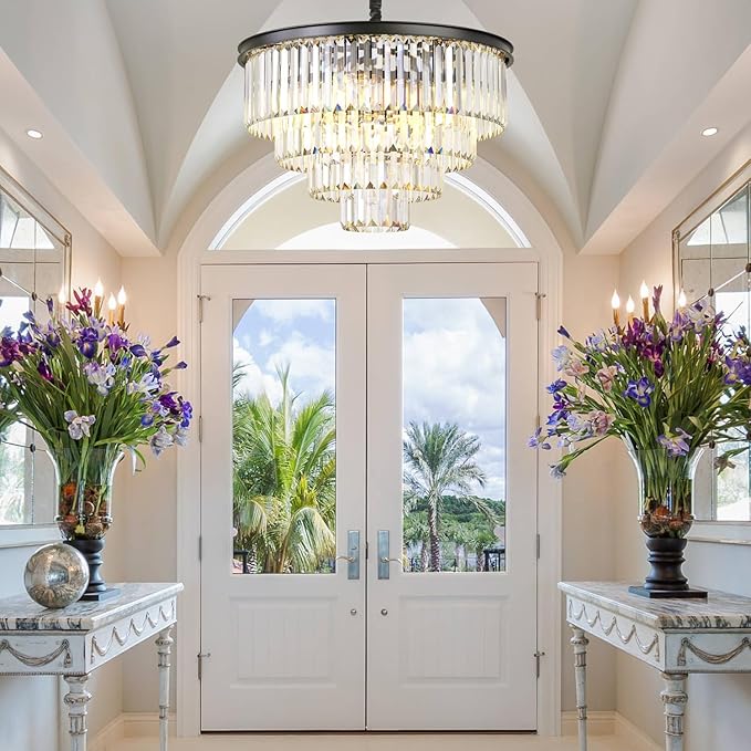 Modern Black Crystal Chandelier,4-Tier Round Pendant Ceiling Fixture with Height Adjustable Luxury Hanging Chandelier for Dining Room,Living Room,Entryway,Bedroom,Kitchen,and Foyer (Black Crystal-4)