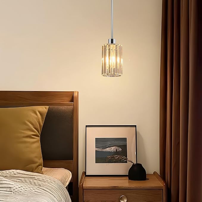 Modern Mini Crystal Pendant Lights Chandeliers Adjustable Sloped LED Hanging Ceiling Fixture Glass small Crystals for Kitchen Island Bathroom Living Room, Dining Room, Hallway, Bar 1PC (Chrome)