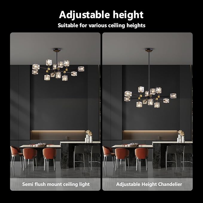 Black Crsytal Chandelier,Sputnik Chandeliers with 12-Lights,Modern Adjustable Height Semi Flush Mount Ceiling Light Fixture for Dining Room,Kitchen Island,Living Room,Bedroom