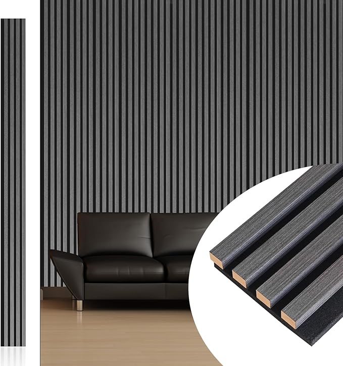 NeatiEase Wood Wall Panels, 9 Feet Acoustic Slat Wall Panels for Interior Wall Decor and Noise Reduction, Decorative Slat Wall Paneling, Dark Gray Oak, 6-Piece