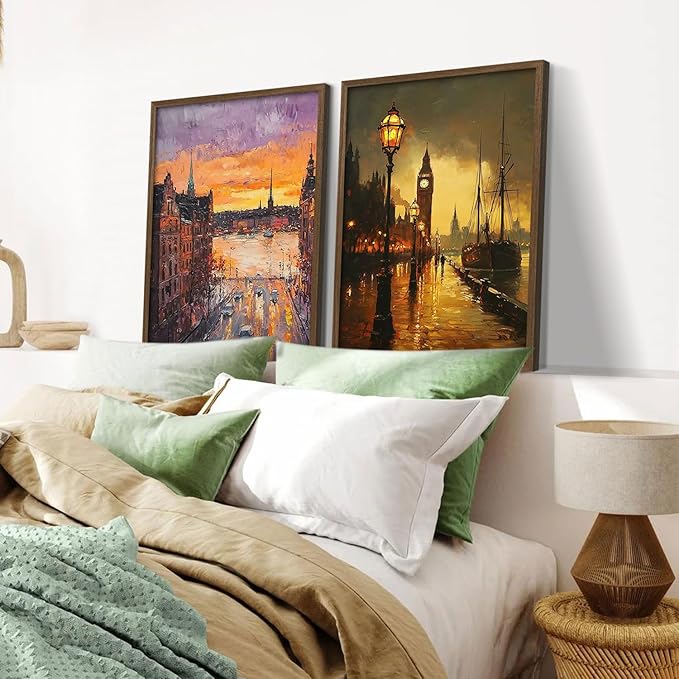 2Pcs Wood Framed Oil Painting Landscape Wall Art Vintage City Canvas Print Dusk Scenery Poster Decorative Painting European Street Scene Picture Living Room Study Gallery Decor 12x16 Inch