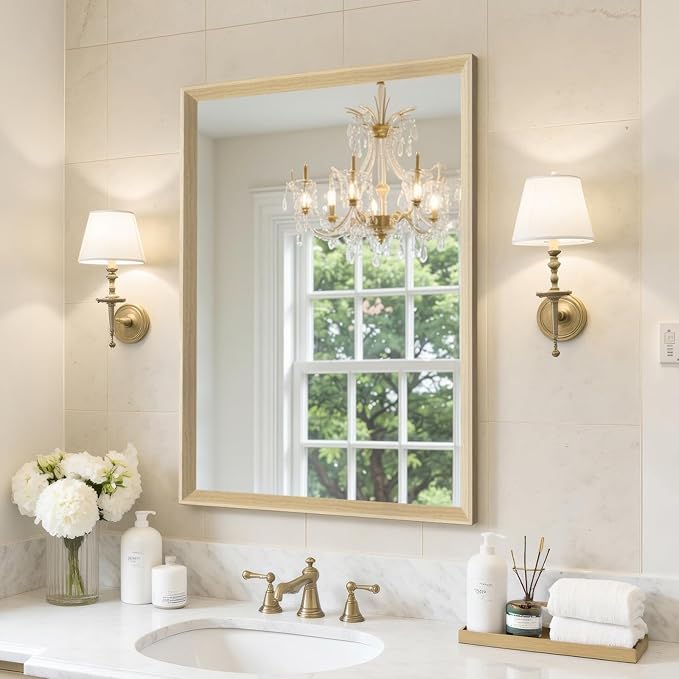 Oak Wood Effect Framed Wall Mirror, 22x30 Rectangle Mirror, 1/8" Anti-desilvering Tempered Glass, Sustainable& Sturdy Frame, Anti-Rust, HD Reflection &3min Fast Setup for Bathroom Living Room