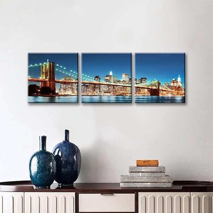 NAN Wind 3PCS Brooklyn Bridge Canvas Art Illuminated NYC Skyline with City Lights Wall Decor Modern Manhattan Night View Panoramic Prints Contemporary Water Reflection Canvas Set for Living Room