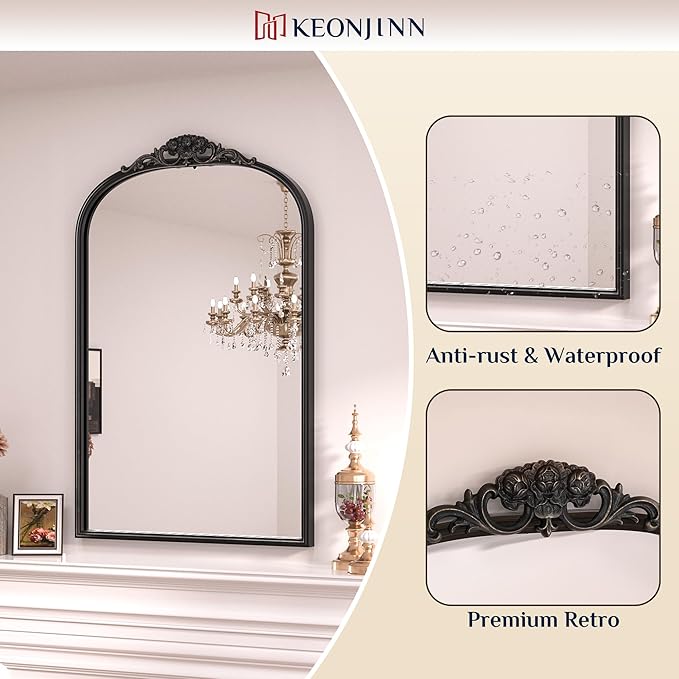 Keonjinn Antique Arched Mirror - 24" x 36", Black Vintage Wall Mirror with Metal Frame, Baroque Arch Design, Decorative for Mantle, Bathroom, Living Room, Hallway, Fireplace