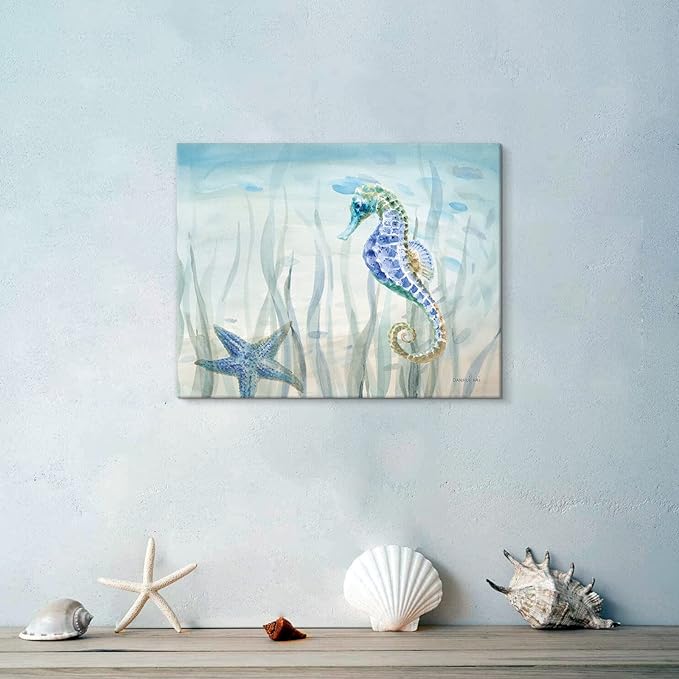 Ocean Wall Art Sea Life Wall Decor Costal Watercolor Seahorse Painting Blue Ocean Animal Pictures Starfish Canvas Artwork for Bathroom Bedroom Home Decoration 16x12Inch