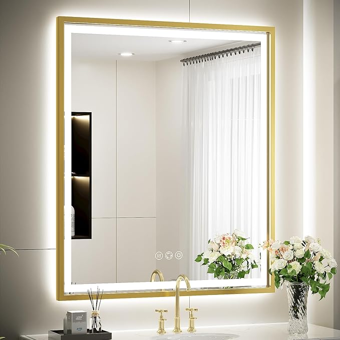 30X36 Inch Gold Frame Led Mirror,Backlit and Front Bathroom Mirror with Lights,Wall Mounted Double LED Dimmable Lighted Anti-Fog Vanity Mirror,Stepless 3 Colors Temperature 3000K-6000K