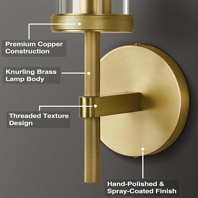 Antique Gold Wall Sconce 19.48" Modern Luxe Wall Lighting with Clear Glass Tube, Living Room Bedroom Bathroom Mirror Sconces, Staircase Decor Hallway Lamp Fixture(Including Bulb)