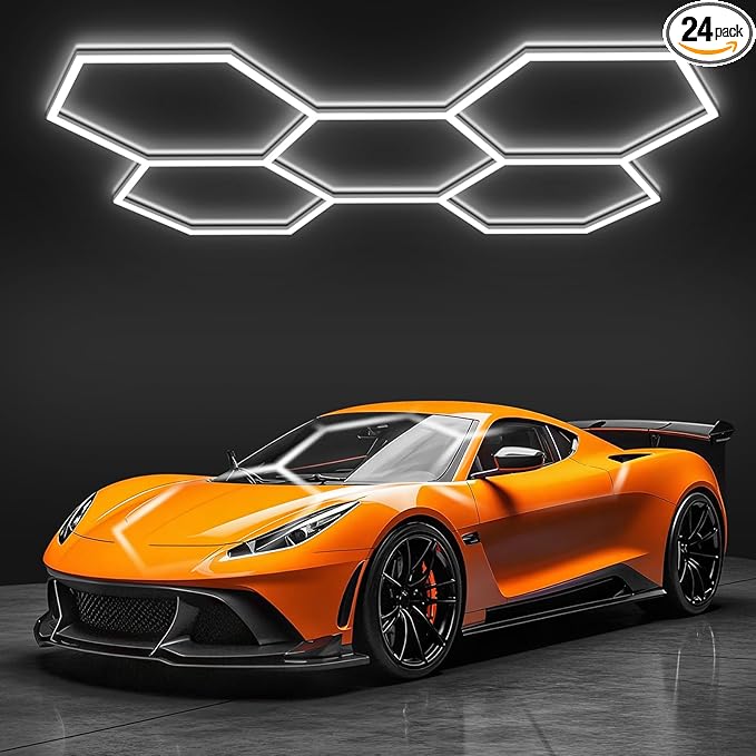 BRILLIHOOD Hexagon Garage Lights, LED Honeycomb Lights Ceiling, 192W, 23040LM, 6500K Super Bright, 5 Grid Systems Car Detailing Light for Garage Warehouse Workshop Basement Gym