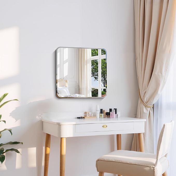 Beveled Frameless Mirror, 18x18 Square Bathroom Mirror Rounded Corner, 18 inch Frameless Vanity Mirror, Shatterproof Lightweight Design Wall Mirror for Bedroom Living Room Entryway