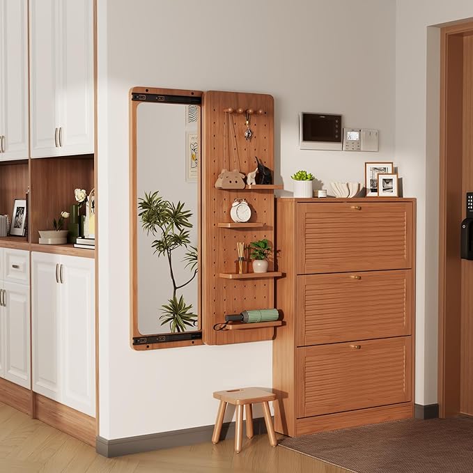 KungFuWood Full Length Mirror with Shelf and Hooks,Entry Way Mirrors for Wall,Wall Mirror with Shelf,Wall Mirror with Storage Multifunctional Design Panel,Living Room