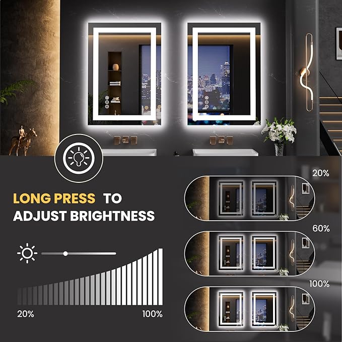 LOAAO 20"x28" LED Mirror for Bathroom, Lighted Bathroom Mirror with Lights, Anti-Fog, Dimmable, Memory Function, Easy to Install, Clear Reflection