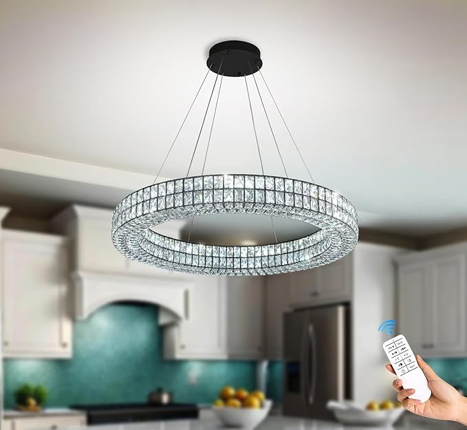 Modern 32 inch Black Led Ring Chandelier Dimmable Crystal Chandelier for Living Room Dining Room Adjustable Ring Pendant Light