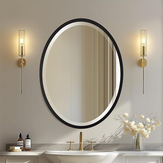 OVALCREST - Oval Wooden Beveled Wall Mirror for Home Decor, Bathroom, Vanity, Bedroom, Living Room, Hallway - London Style (Matte Black) 31.1 x 25.1