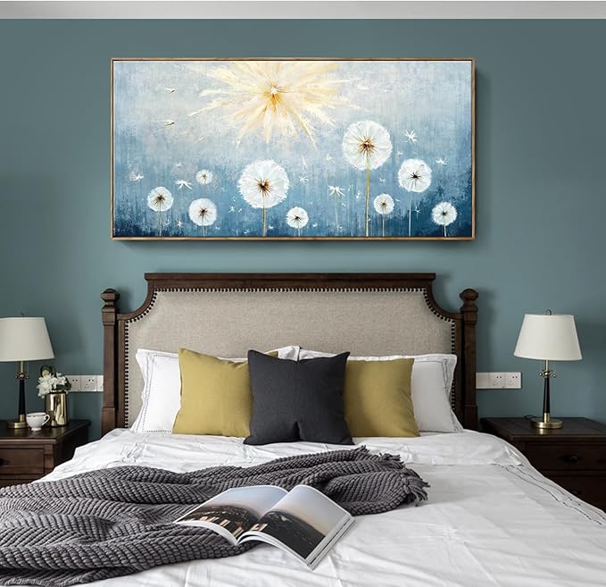 Nicetop Extra Large Framed Artwork for Walls– Giant Blue Floral Wall Picture with Wood Frame Dandelion Flower Plant Canvas Print Landscape Wall Art for Big Living Room,Office or Bedroom, 58x29Inch
