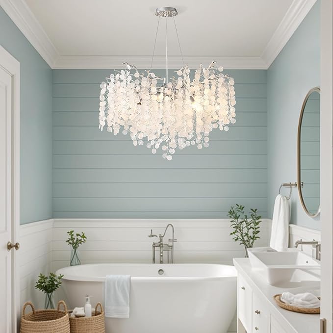 32 Inch Modern Tree Branch Light Fixture, 10-Light Large Contemporary Bedroom Chandeliers, Hanging Round Coastal Chandeliers for Dining Room Foyer Living Room, Silver