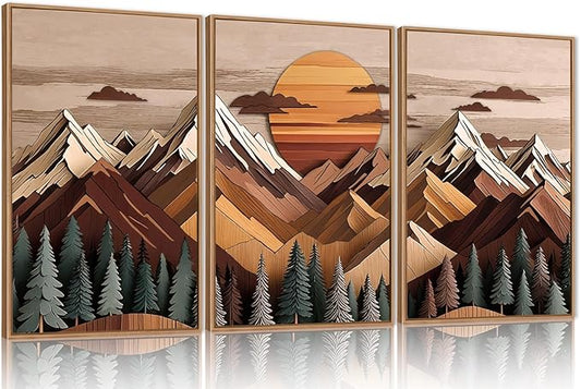 KAIRNE Mountain Framed Canvas Wall Art Set, Mountain Themed Wall Decor, Wooden Pine Tree Scene Wall Painting, Vintage Forest Landscape Art Prints for Living Room, Bedroom, Office 16"x24"x3